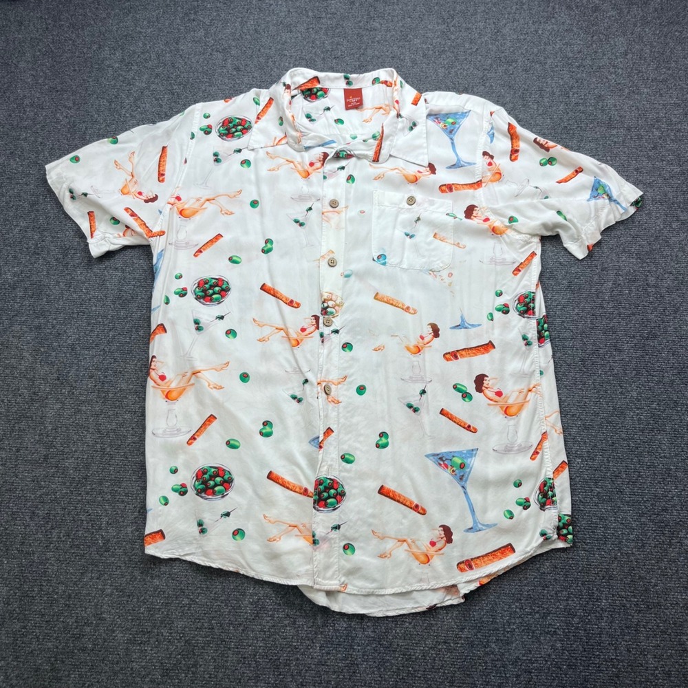 Junction West Pin Up Girl Martini Cigar Novelty Print White Rayon Button Up